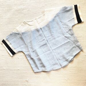 Korean Fashion Real Coco Linen Blend Crew Neck Short Sleeve Blouse Light Blue